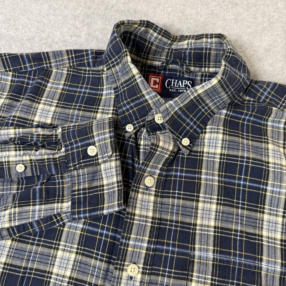 Chaps‎ Ralph Lauren Large Navy Blue Plaid Button Down Long Sleeves 100% Cotton